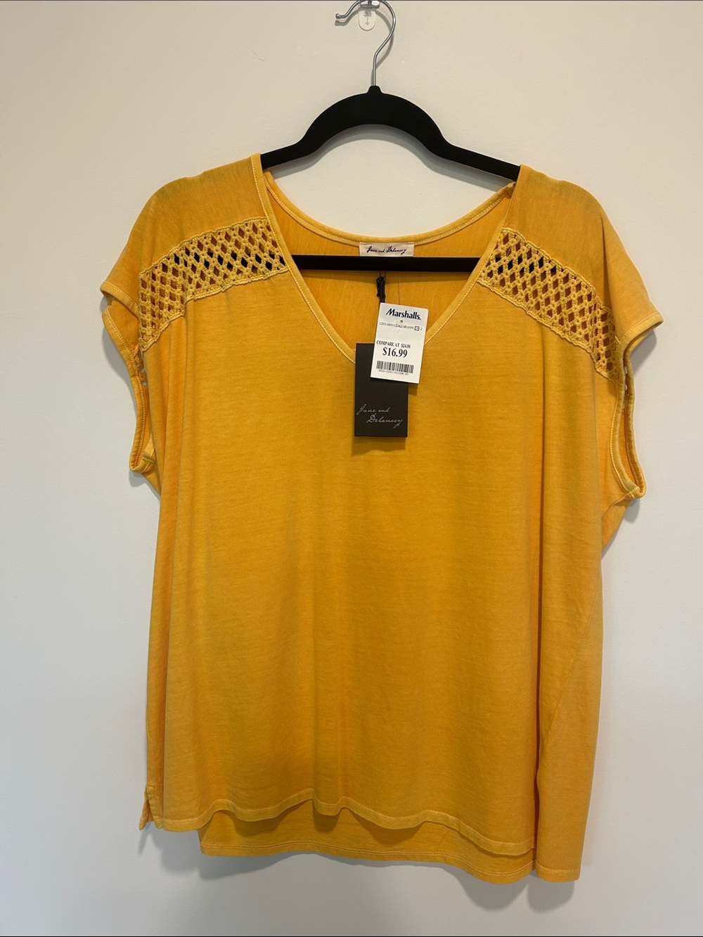 Jasmine & Ginger Mustard Crochet-Shoulder V-Neck Short Sleeve Top